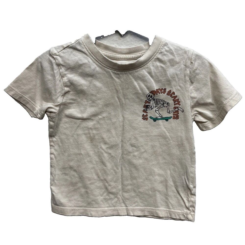 H&M Graphic Kids T Shirt 2T Cotton Scary Days Skateboard Skelton Beige